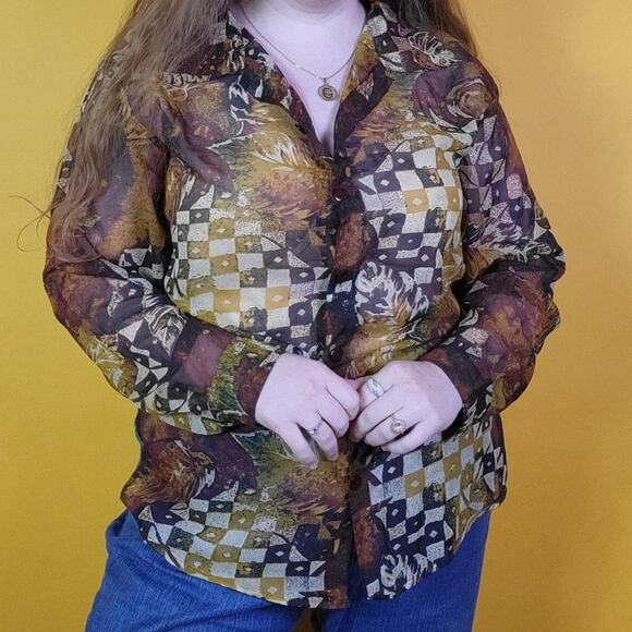 Vintage Brown Mesh Patterned Blouse, L - Picture 1 of 4